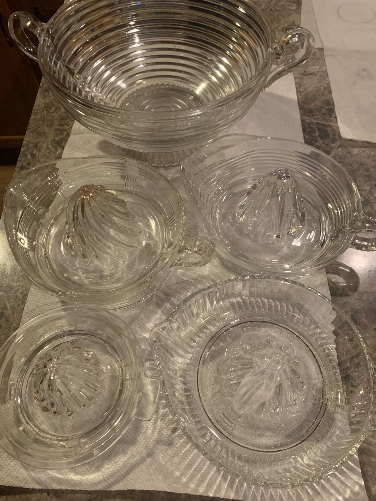 Beautiful etched glass juice strainers and dipping bowl