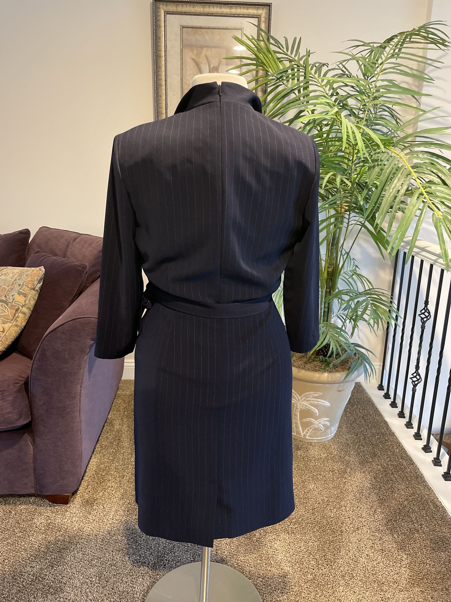 Liz Claiborne Wrap Dress: Navy Blue with Metallic Striping and Side Tie Size 12