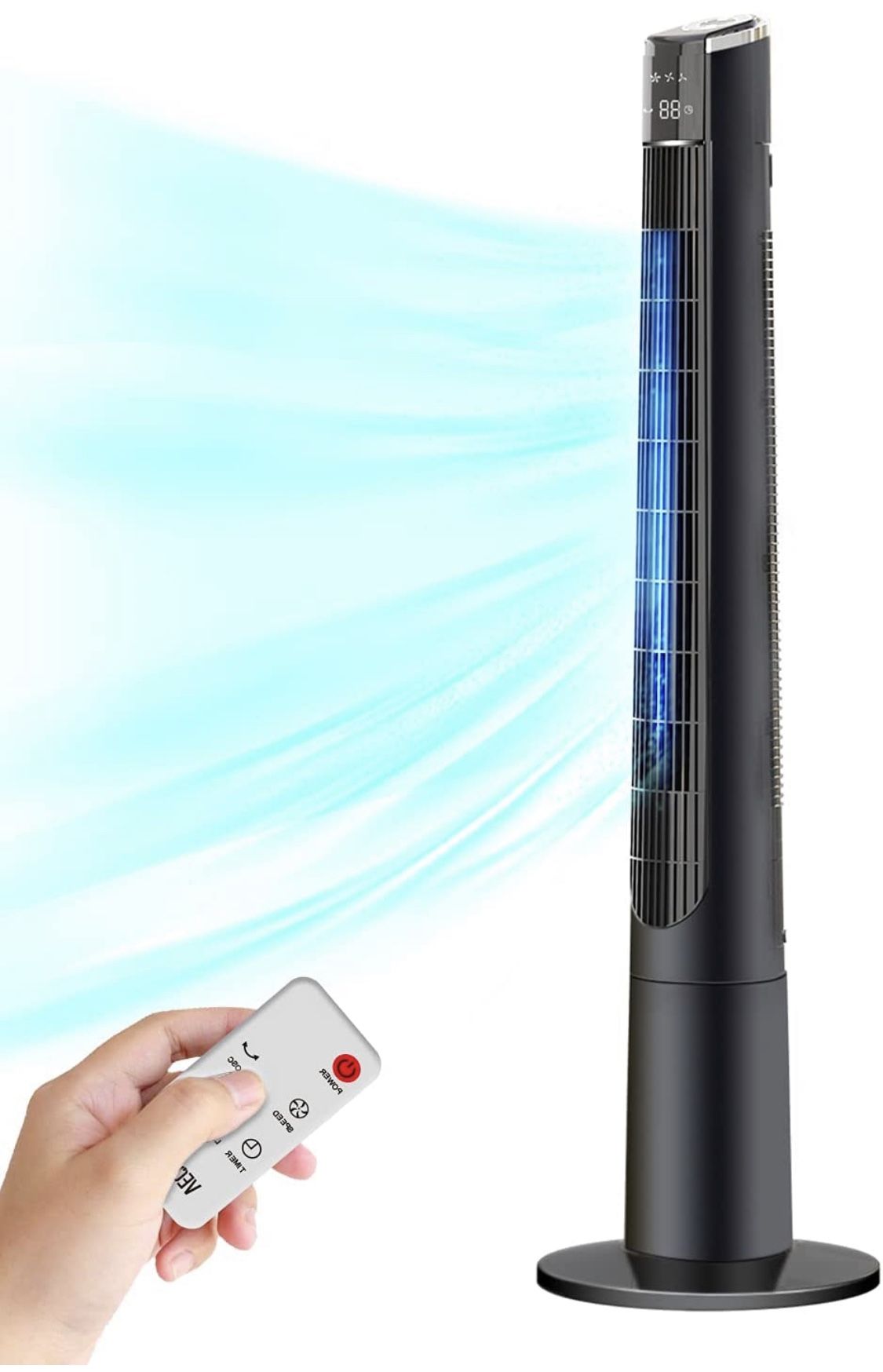 Tower Fan for Bedroom- 48'' Oscillating Fan with Remote, Cooling, Quiet, Large LED Display, 12-Hour Timer, Electric Black Standing Bladeless Fan for W