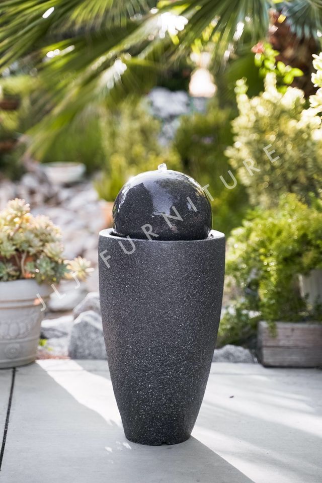 NEW Fountain Modern Stone Textured Round Sphere w/LED Lights, Indoor Outdoor Décor, 25.6" Black