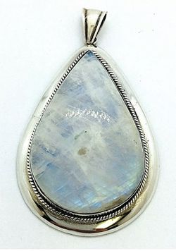 925 Solid Real Sterling Silver Large Natural Rainbow Moonstone Pendant 45mm Thumbnail