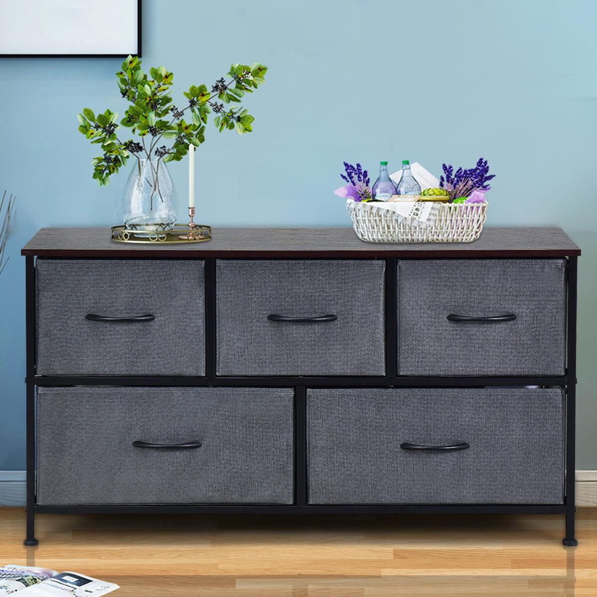 Costway 5 Drawer Dresser Storage Unit Side Table Display Organizer Dorm Room Fabric Grey