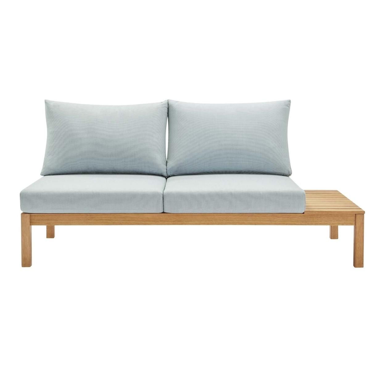 Freeport Karri Wood Outdoor Patio Loveseat with Right-Facing Side End Table, Natural Light Blue