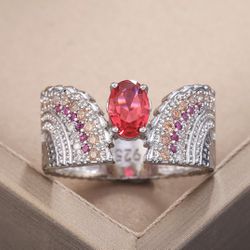 "Ethnic Oval Red Ruby Zircon Wings Vintage Silver Ring for Women, PD596
  Thumbnail