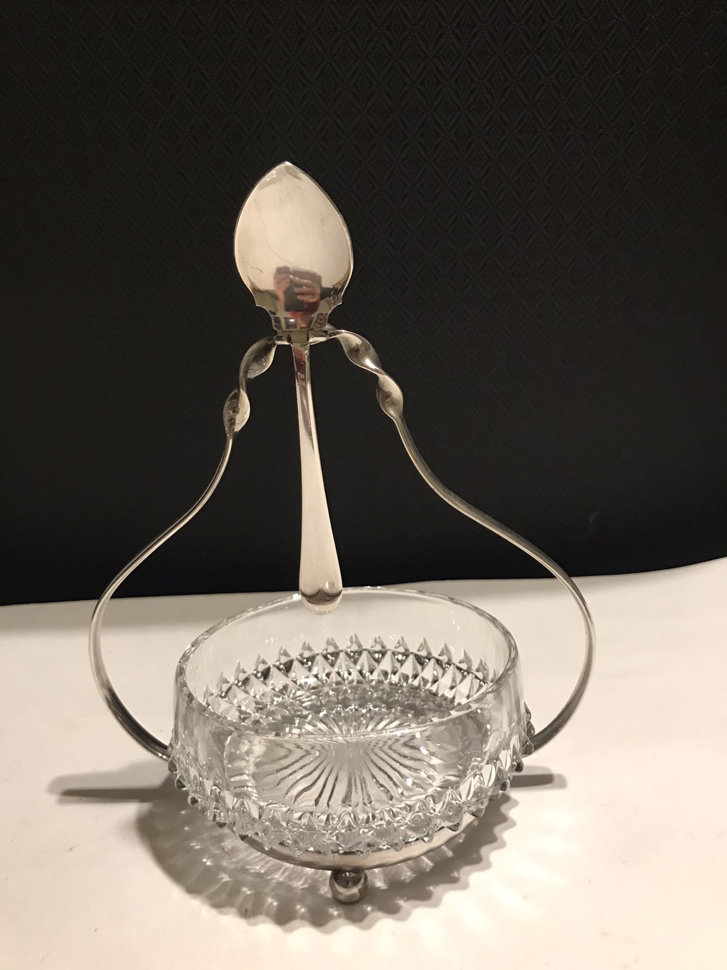 Vintage Clear Cut Glass Sugar Bowl w/ Silver Plated Spoon & Footed Stand