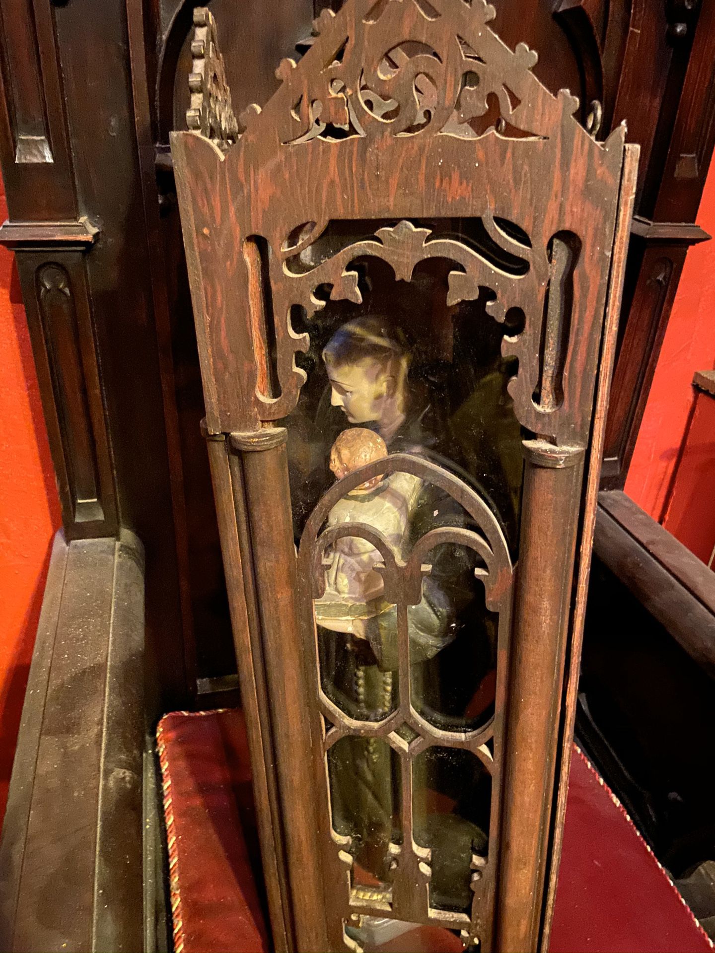 Antique Religious Statue In The Wooden Gothic Box Saint Altar Church 