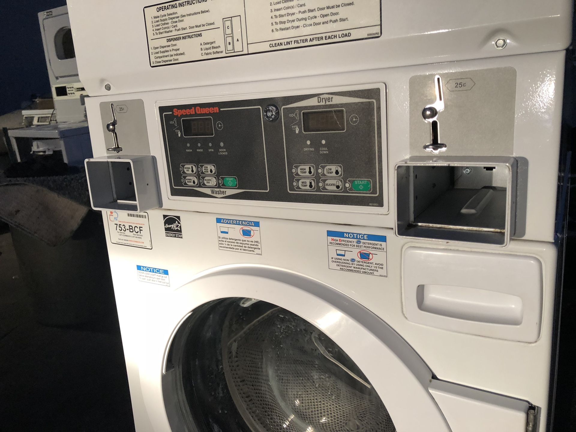 SPEED QUEEN COMMERCIAL COIN OPERATED STACKED WASHER & DRYER COMBO