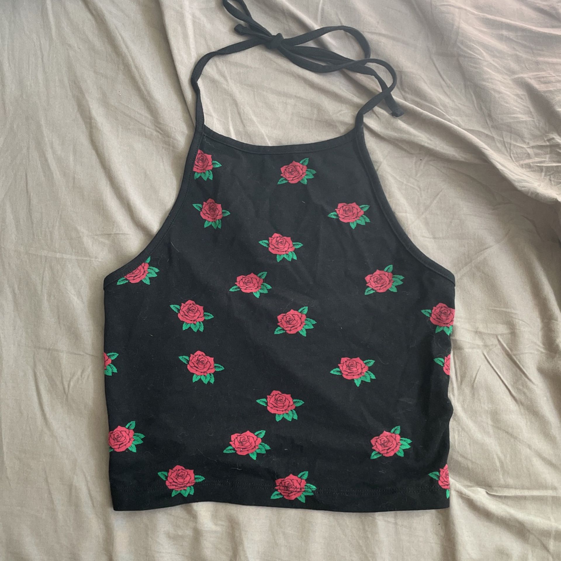 Black Halter Top With Red Roses