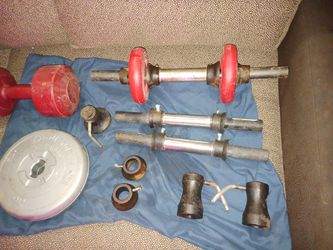 Free Weights And Bars And Clamps 5 Pounders A 8.8 Pounder And A 10 Pounder Thumbnail