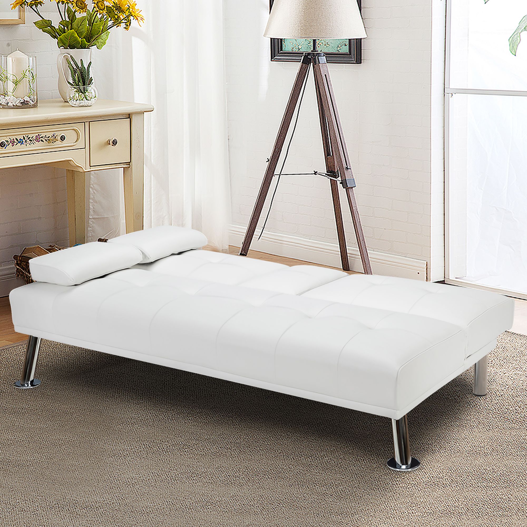 Costway Convertible Folding Futon Sofa Bed Leather w/Cup Holders&Armrests White