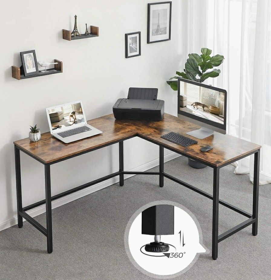 Industrial Rustic Brown Computer Desk, L-Shaped Corner Writing Desk, Space-Saving Study Desk, Gaming Desk