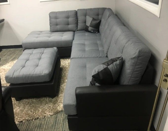 Brand New Grey Linen Sectional Sofa Couch + Ottoman