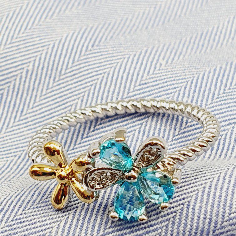 "Sweet Double Flower Sea Blue CZ Weave Thin Rings for Women, VP1672