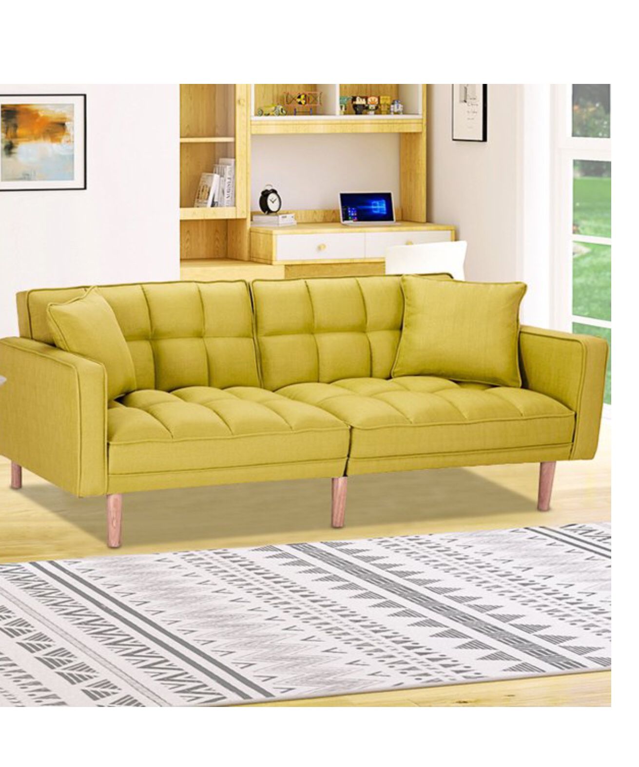 Sofa, Couch, Sofa Bed, Futon, Yellow W Pillows, Faux Leather
