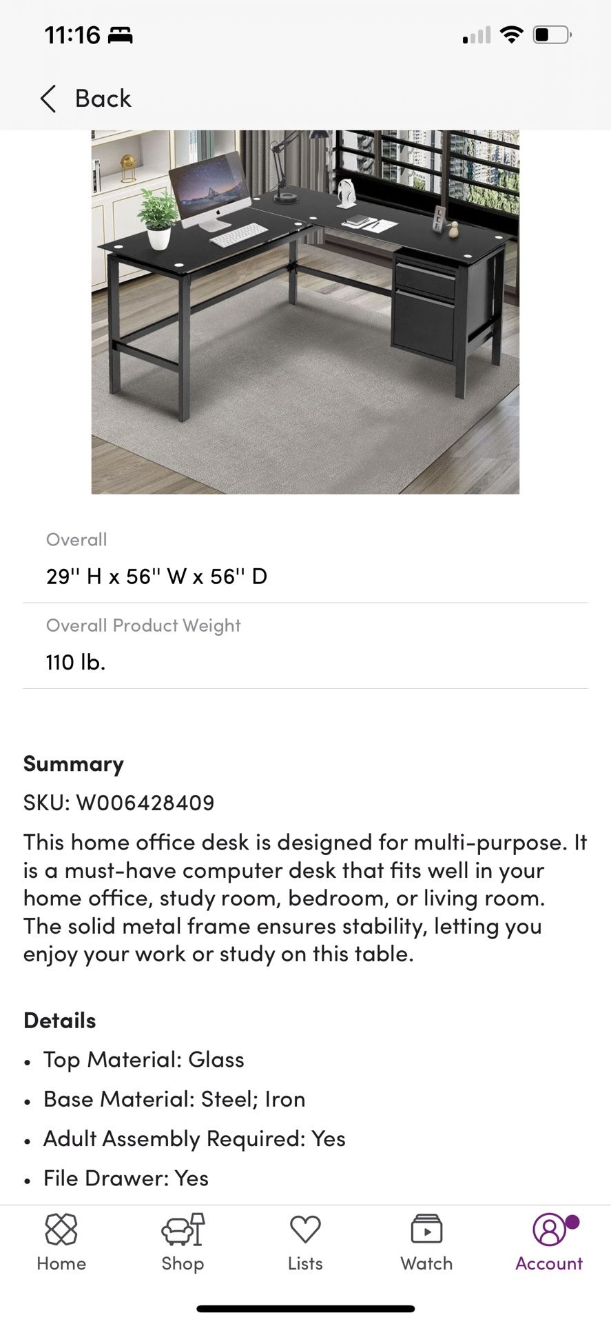 L shaped black Glass Top Desk