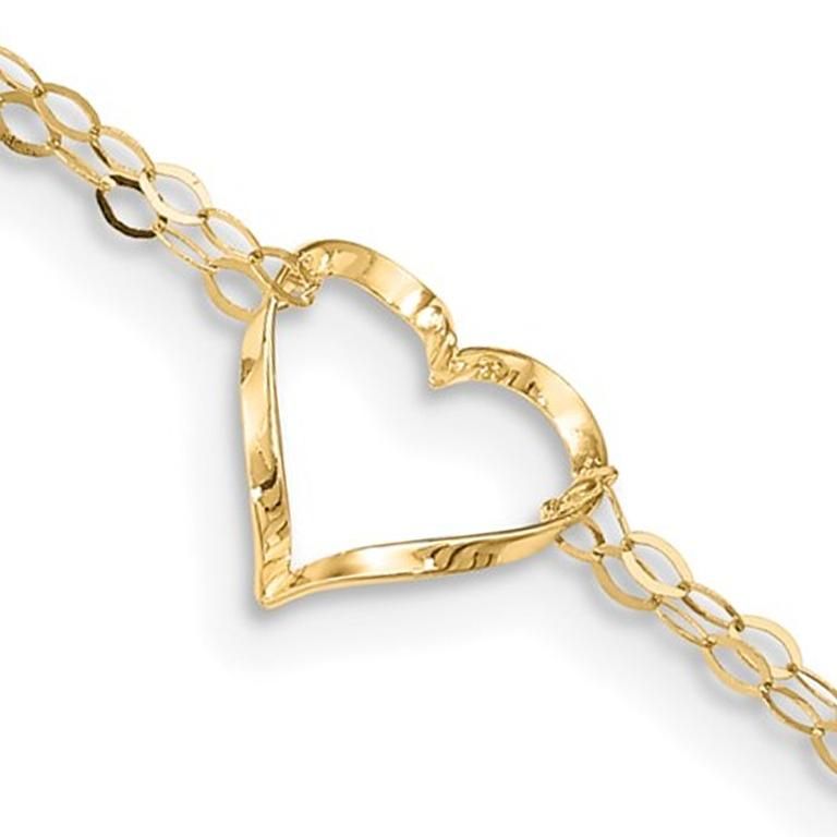 14K Yellow Gold Adjustable Double Strand Heart Anklet (9 Inches)