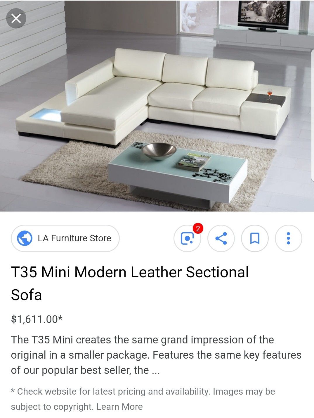 T35 Mini Modern White Leather Sectional Sofa