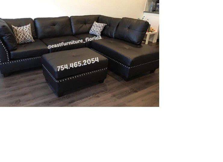 Faux leather brown sectional with ottoman reversible side 