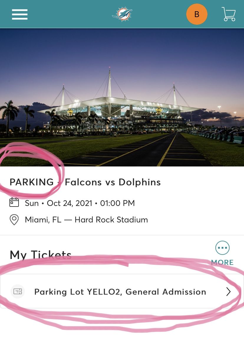 Miami Dolphins vs Atlanta Falcons Parking Pass, yellow lot, 10/24