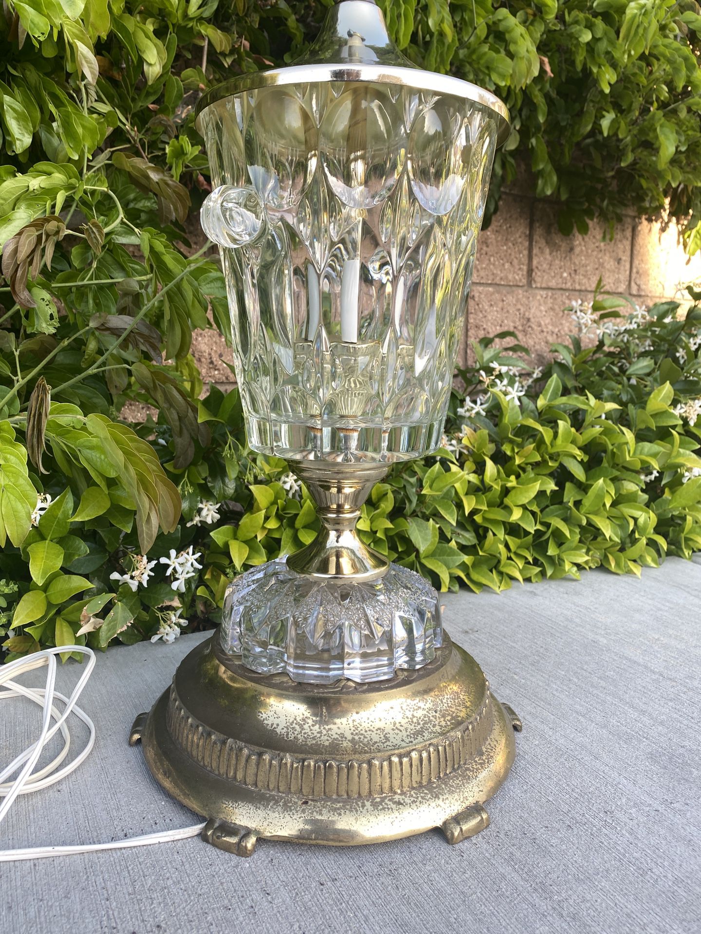 Vintage BEYER Clear Crystal Glass With Gold Table Lamp - Trophy Boho Retro