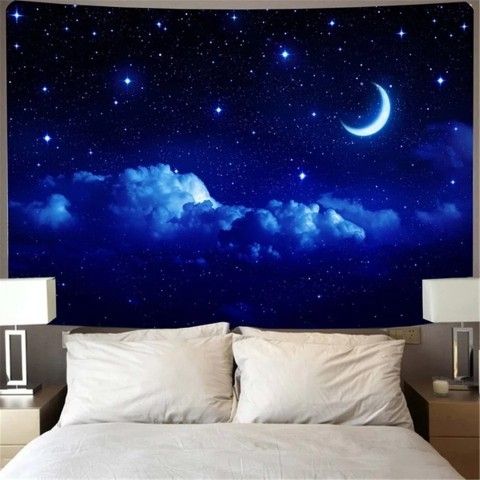 Moon and Stars Tapestry Wall Hanging Blue Starry Galaxy Tapestry Universe Night Sky Tapestry for Bedroom Living Room Tapiz