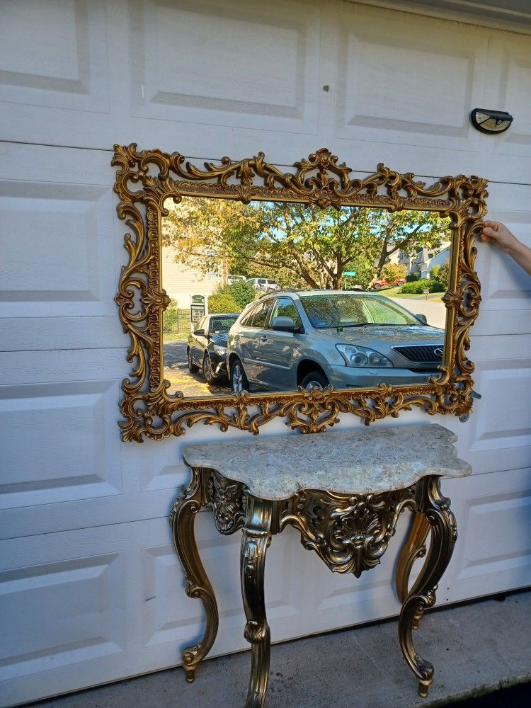 Antique Marble Top Console Table And Gold Mirror