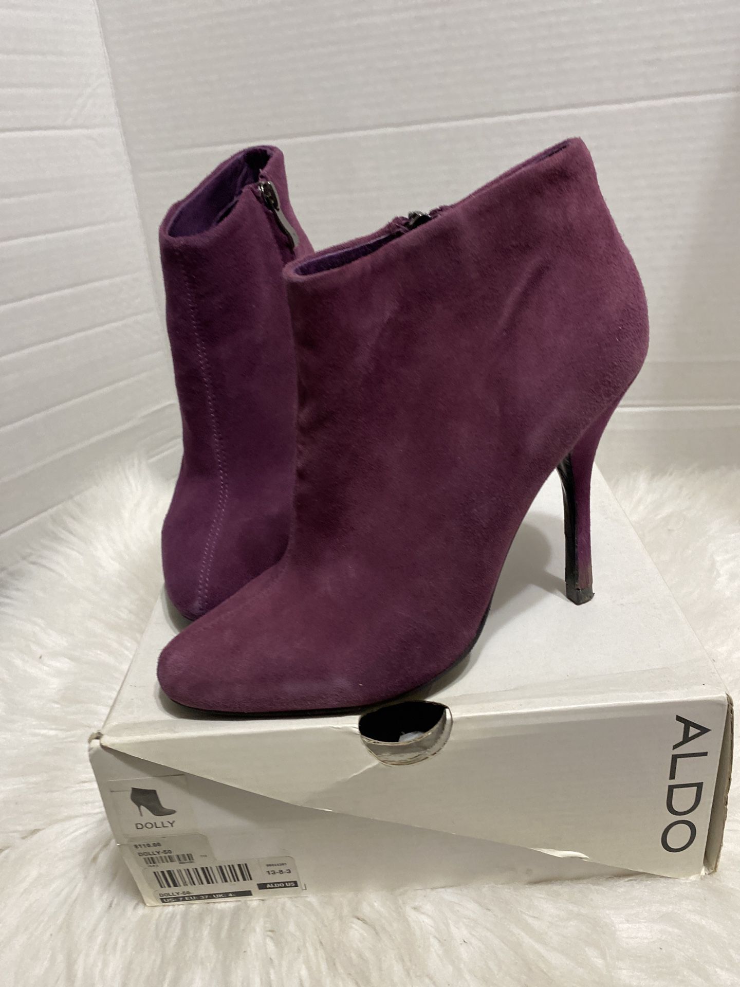 Aldo Women's Purple Dolly Suede Side Zip High Heel Ankle Boots Size 6.5
