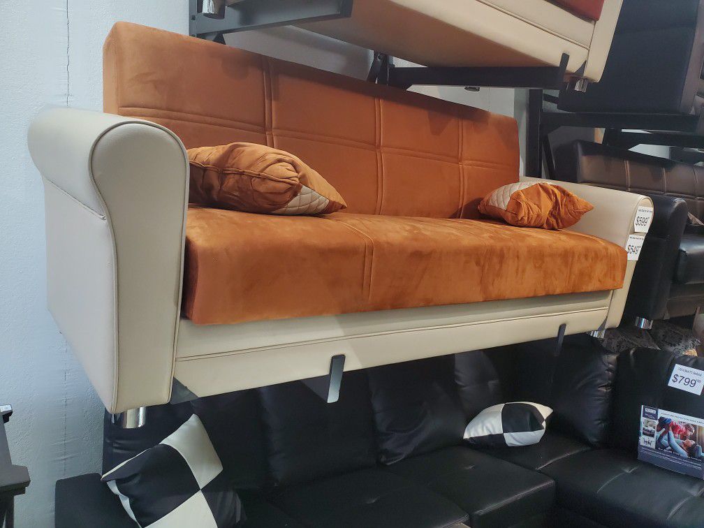 Orange Sofa And Bed With Storage