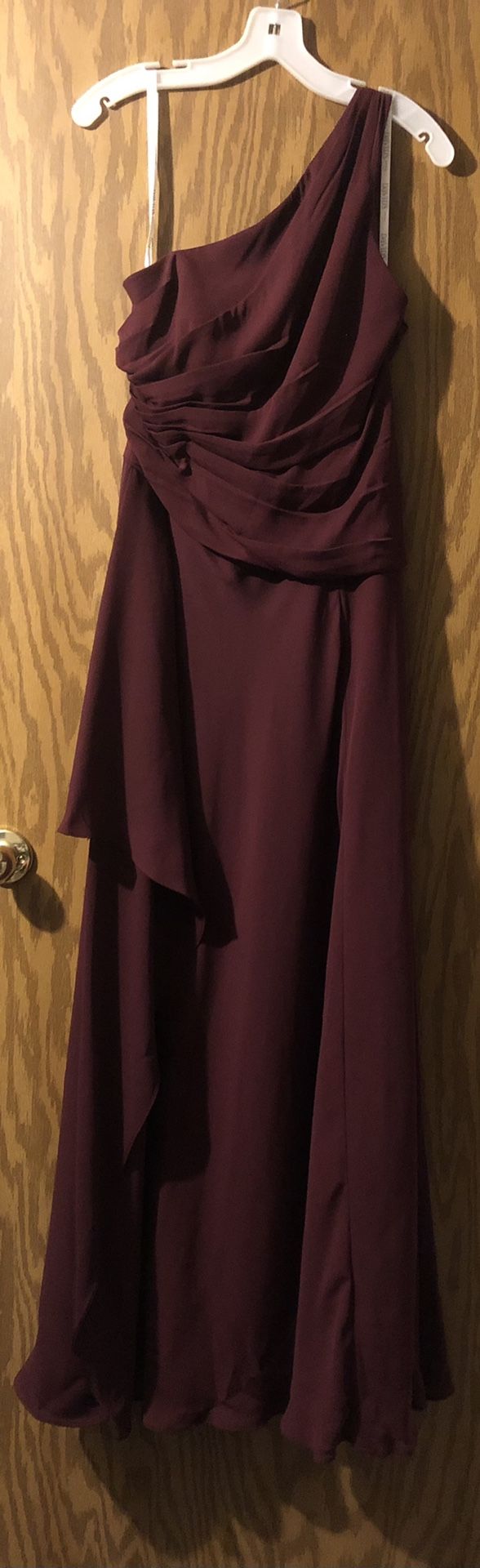 One Shoulder Georgette Cascade Bridesmaid Dress. Size: 10, Color: Wine
