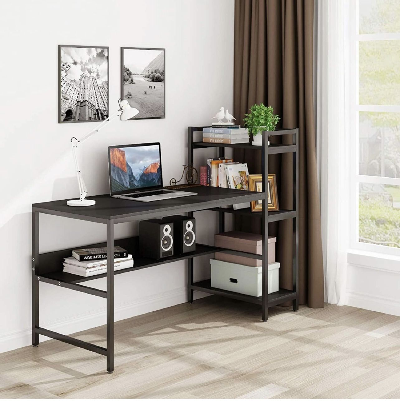 Tower Computer Desk with 4 Storage Shelves-Writing Study Table with Bookshelves Modern Study Desk Stable Student Desk for Small Space Steel Frame & Wo