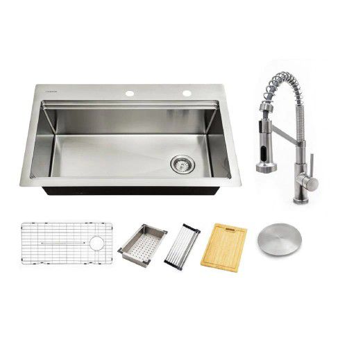 Glacier Bay All-in-One Drop-in/Undermount Stainless Steel 33 in. Single Bowl Workstation Kitchen Sink with Faucet and Accessories  - #69680- OS