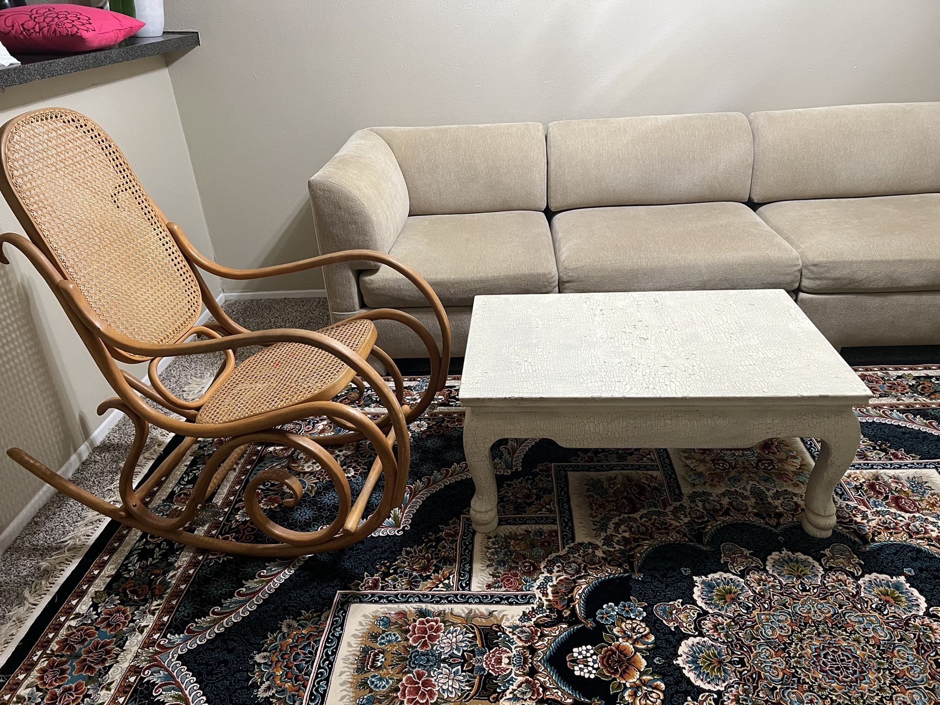 4 Piece Light Yellow Couches & One Stand Lumps /1 Rocking Chair