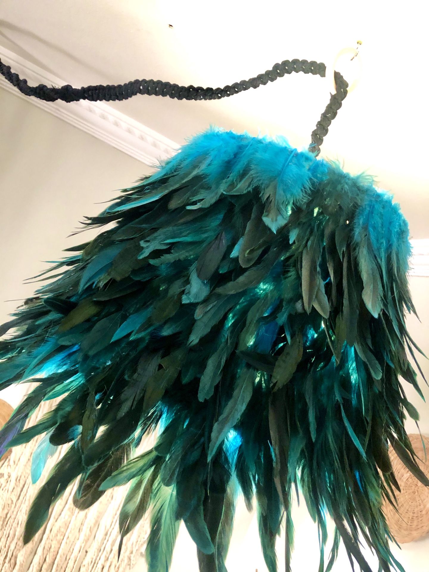Lamp, hanging lamp, feathered lamp, boho, bohemian, lighting, home decor, accent light