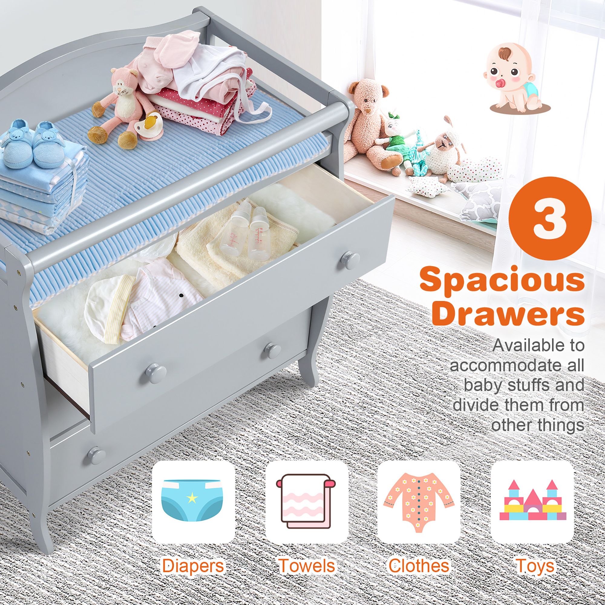 Costway 3-Drawer Dresser Changing Table w/Safety Belt Guardrails for Kids' Room