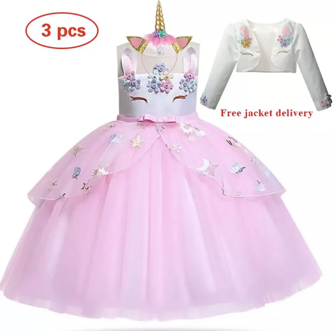 Brand New, Never Worn Girlβs Unicorn Dress 3pc set with Headband and Jacket, size 4T, color pink ππ¦