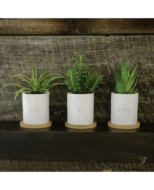 MR. & MRS. Gift Ceramic Pots - 3.5 inch White Mini Succulent Cactus Planter Pot w/ Bamboo Tray & Drainage Hole - GreenMind Design Laser Engraved Set o