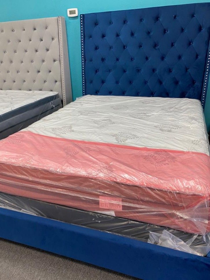 Queen bed frame with mattress set pillow top