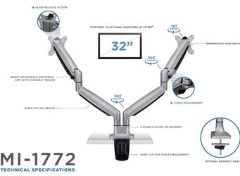 Mount It! Dual Monitor Arms for Desk, Height Adjustable Full Motion Monitor Stand With Gas Spring Arms, Fits 24, 27, 29, 30, 32 Inch Computer Screens Thumbnail