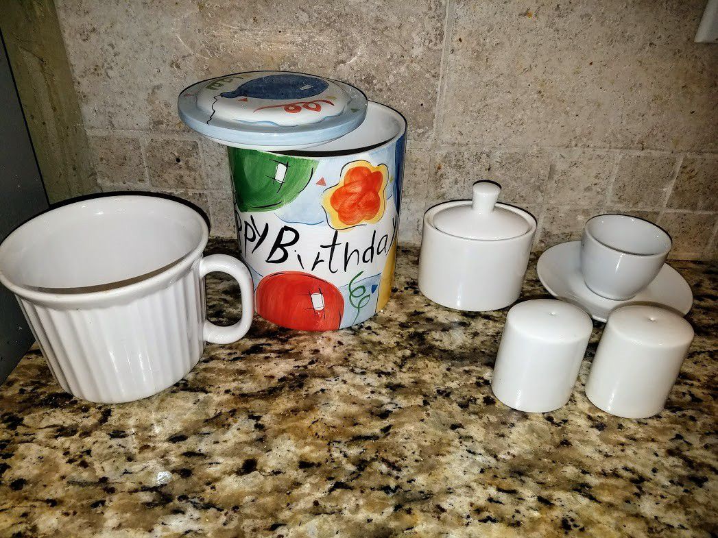 Happy Birthday cookie jar, white salt/pepper shakers+sugar bowl, espresso cup/saucer, Corningware soup mug