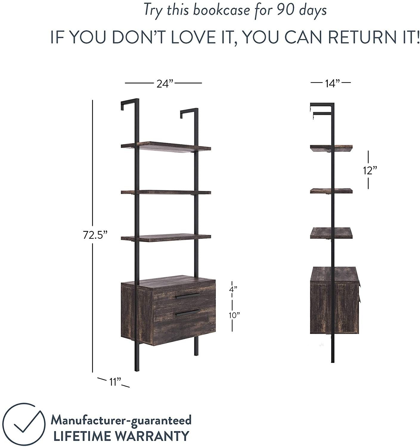 Matte Steel Frame Industrial Bookshelf with Wood Drawers, 3-Shelf, Nutmeg/Black