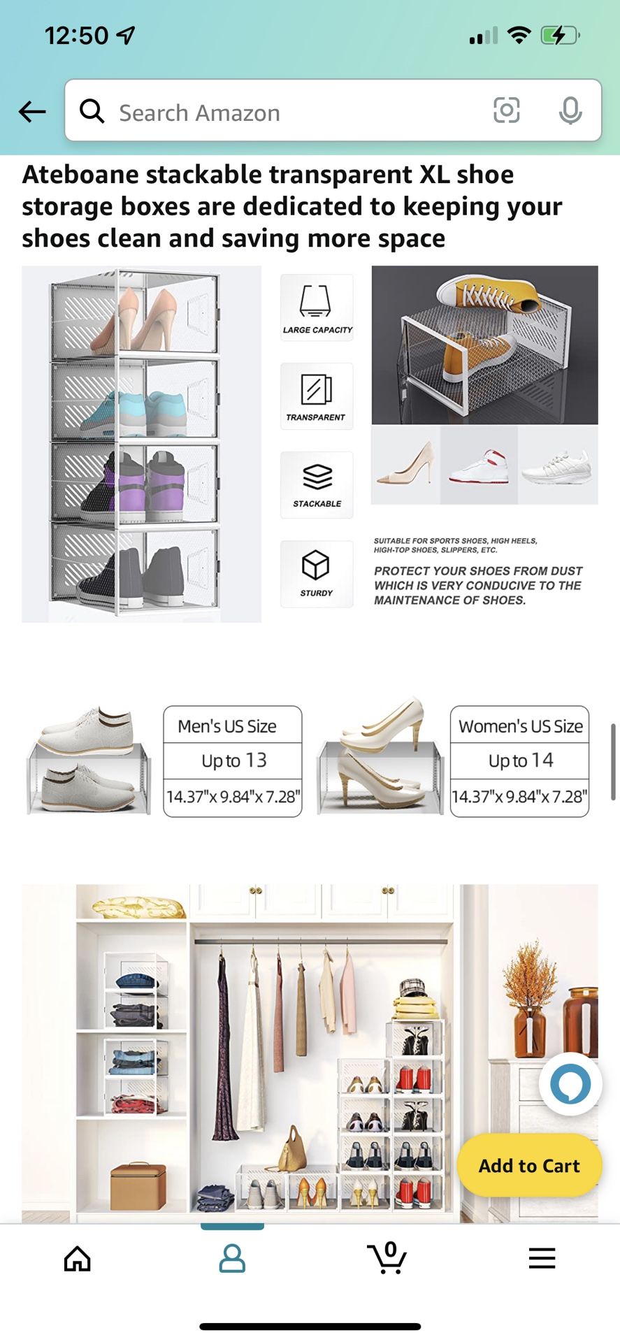 NEW IN BOX PRICE IS FIRM XL Shoe Storage Boxes, 6 Pack Shoe Boxes Clear Plastic Stackable, Shoe Organizer for Closet, Space Saving Plastic Foldable Sh