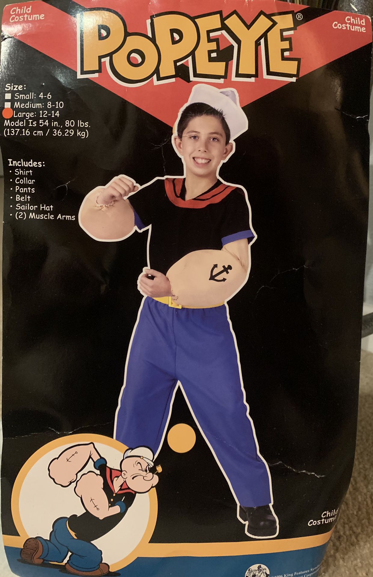 Halloween Child Costume Popeye Size Large 12-14 Comes With Pipe and Homemade Spinach