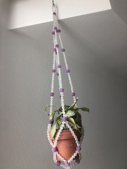 Boho 70s Beaded Plant Holder- Purple And White  Thumbnail