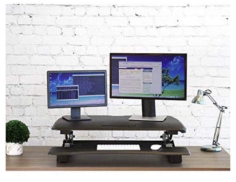 Adjustable Height Standing Desk Converter - 32 Inch Wide Laptop Riser or Dual Monitor Workstation - Easily Sit or Stand with Gas Spring Lift - Black