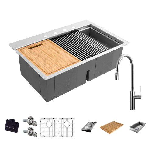 Glacier Bay All-in-One Drop-In Stainless Steel 33 in. 4-Hole 50/50 Double Bowl Workstation Sink with Faucet and Accessories Kit  - #75298-OS