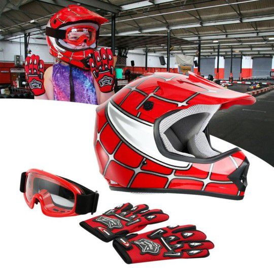 TCMT DOT Motorcycle Helmet for Kids Red Spider Net with Goggles & Gloves for Atv Mx Motocross Offroad Street Dirt Bike Youth 