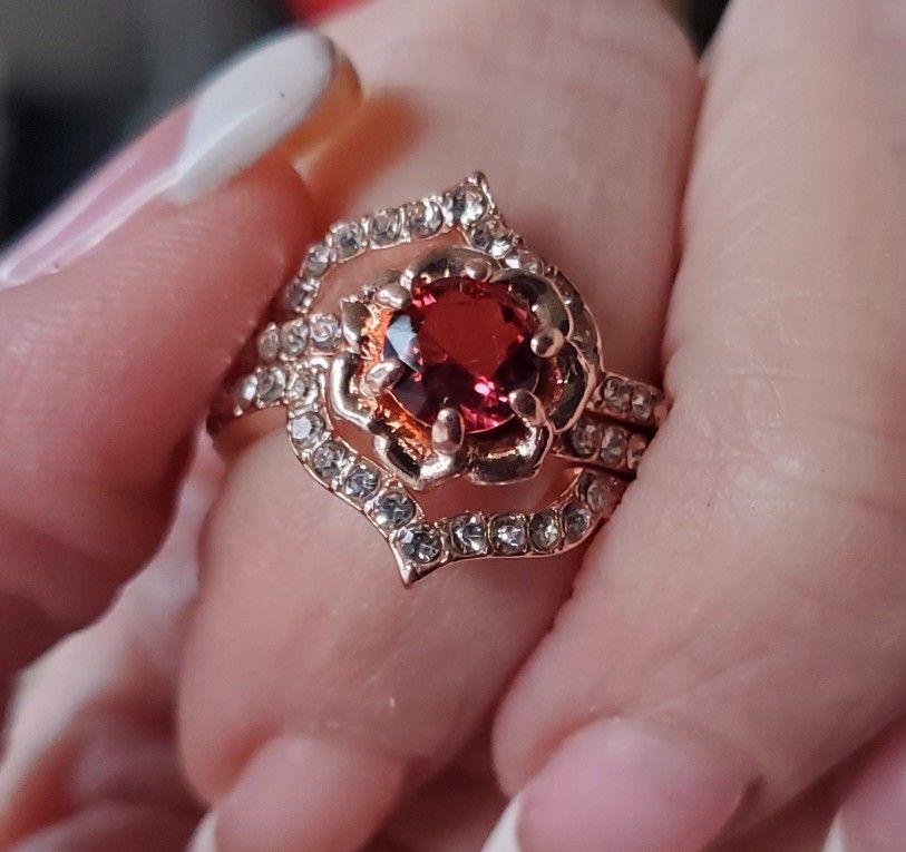 3 Band Natural Ruby Flower Wedding Set.... Sizes 8 and 10