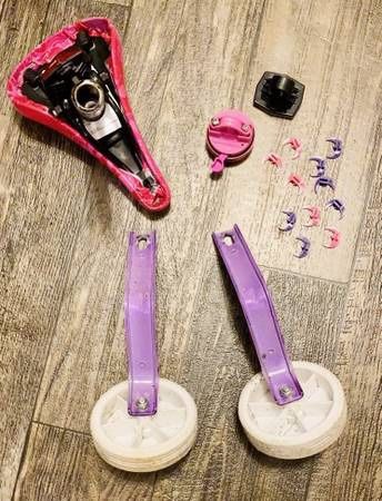 Set of Dora The Explorer Kids Girls Bike Items: Seat With Metal Mount, Break Light, Bike Horn, Training Wheels And Accessories