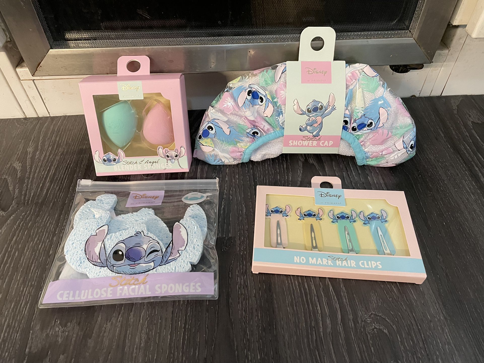 NWT Lilo And Stitch Hair Clips, Blender Sponges, Facial Sponges, And Showercap