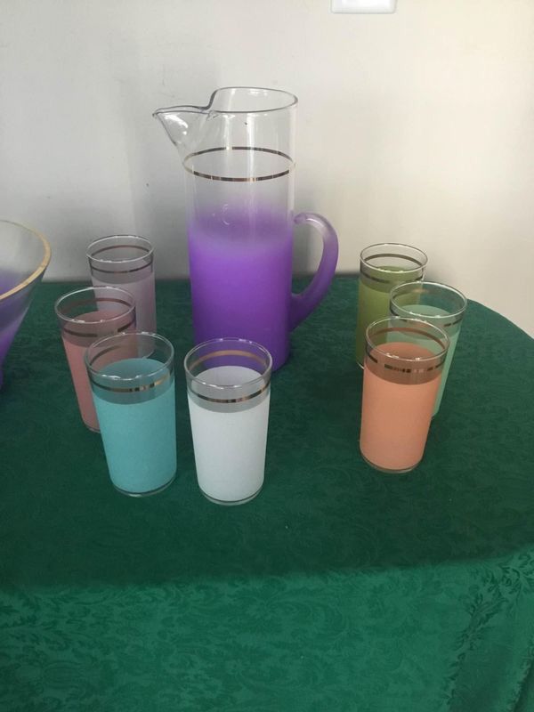 Nine Piece Blendo Frosted Pitcher & Bowl In Lavender 7 Tall Glasses In Colors 